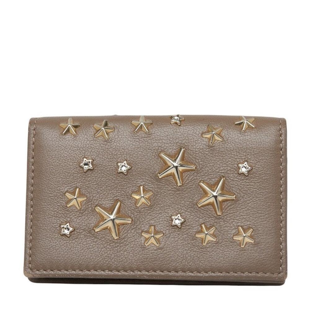 Jimmy Choo Crystal Star Studs Card Case Leather Brown